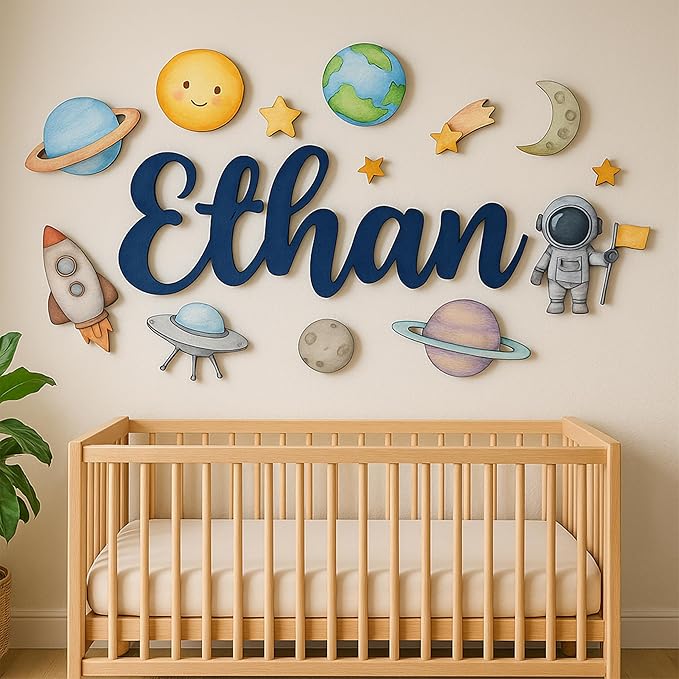 Custom Nursery Name Sign with Themed Decor Kit | Personalized Wooden Wall Art for Baby, Kids Room | Space, Jungle, Circus, Under the Sea, Woodland, Rainbow (50", Space)