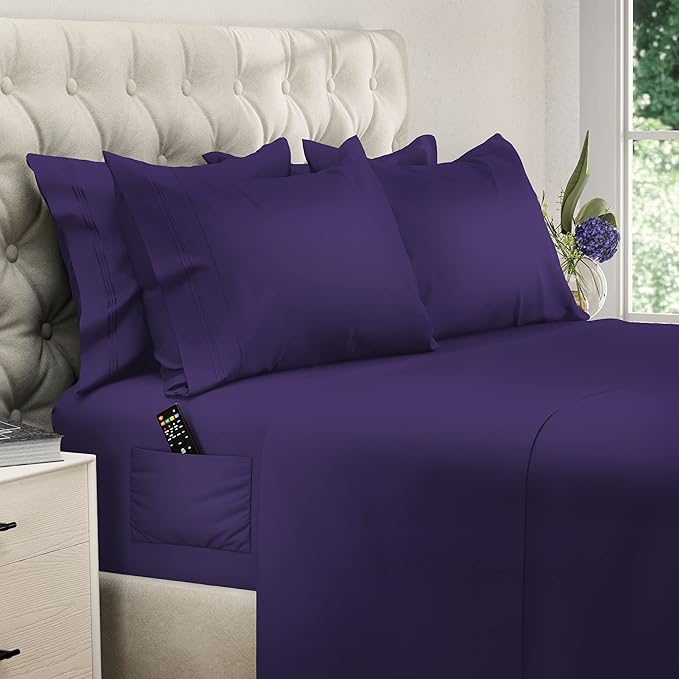 DREAMCARE King Size Sheets Set – 6 pcs Cooling Bed Sheets – up to 21” Deep Pocket King Sheet Set – 2500 Supreme Collection – Extra Soft 100% Brushed Microfiber Hotel Luxury with Side Pocket – Purple