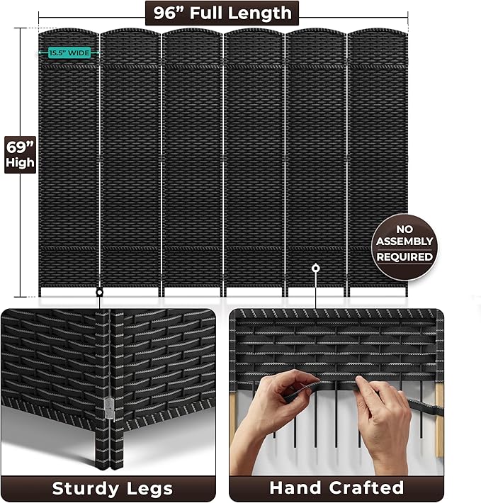 Sorbus 6 Panel Room Divider 6 ft. Tall - Privacy Screen, Extra Wide Double Hinged Panels, Mesh Hand-Woven Design, Partition Room Dividers and Folding Privacy Screens, Wall Divider for Room Separation