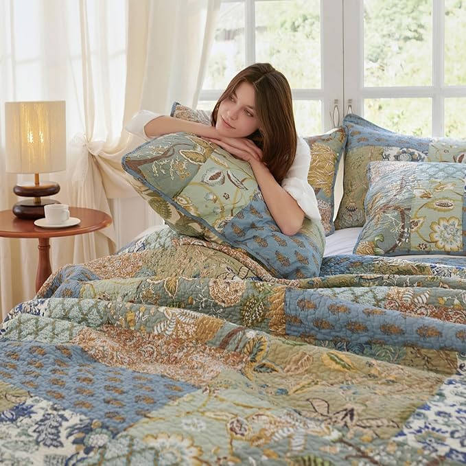 Secgo Twin Size Quilt Size - 100% Cotton Comforter Set Bedding Sets (68 * 86 Inch) with 2 Pillow Shams, Patchwork Reversible Lightweight Bedspread