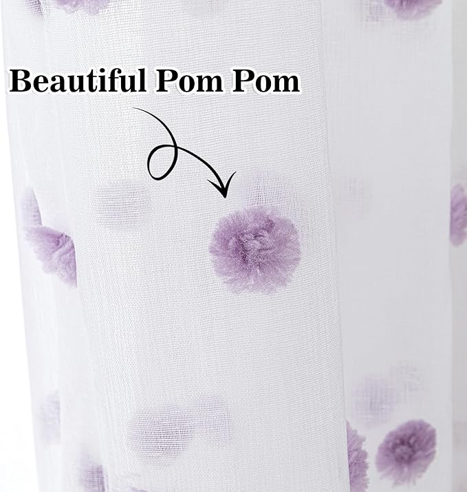 MYSKY HOME Purple Curtains for Girls Bedroom 84 Inch Long White Sheer Curtains with Lilac Pom Pom for Living Room Nursery Curtains 2 Panels Light Filtering Rod Pocket Semi Window Drapes 52 x 84 inch