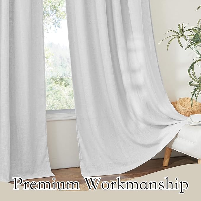 RYB HOME Sheer Linen Curtains - Soft Airy Vintage Flax Linen Fabric Soften Light Semi Transparent Drapes Shades for Living Room Farmhouse Boys Girls Bedroom, 2 Panels Set, Dove Grey, W 52 x L 108 inch