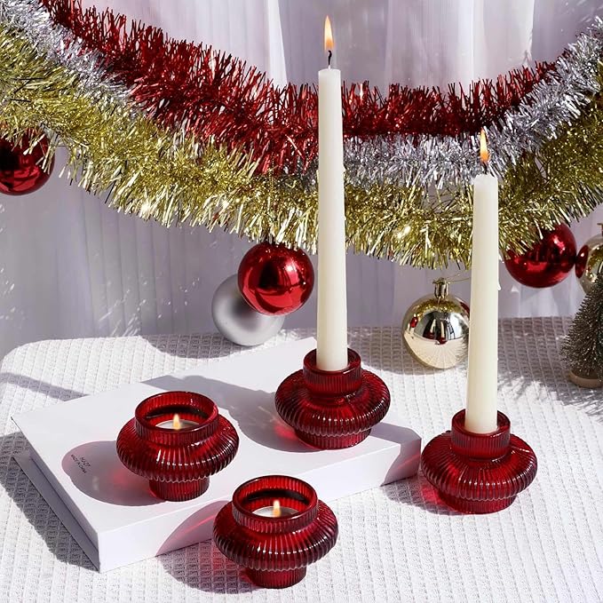 VOHO Vintage Red Candlestick Holders for Christmas Decorations, 6pcs Stackable Candle Stick Candle Holder for Valentines Day Decoration, Ribbed Taper Candle Holders for Candlesticks & Tea Lights