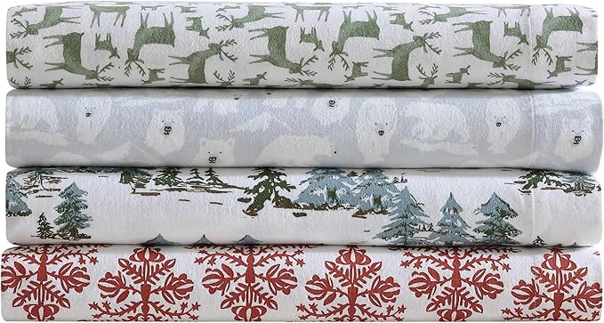 Eddie Bauer - Twin Sheets, Cotton Flannel Bedding Set, Brushed for Extra Softness, Cozy Home Decor, Oeko-Tex Certified (Snowy Pine Trees Green, Twin)
