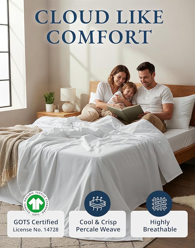 LANE LINEN 100% Organic Cotton King Size Sheets Set, Soft & Comfy All Season Breathable Sheets King Size, Percale Weave Fully Elasticized Eco Friendly Naturally Cooling King White Bed Sheets
