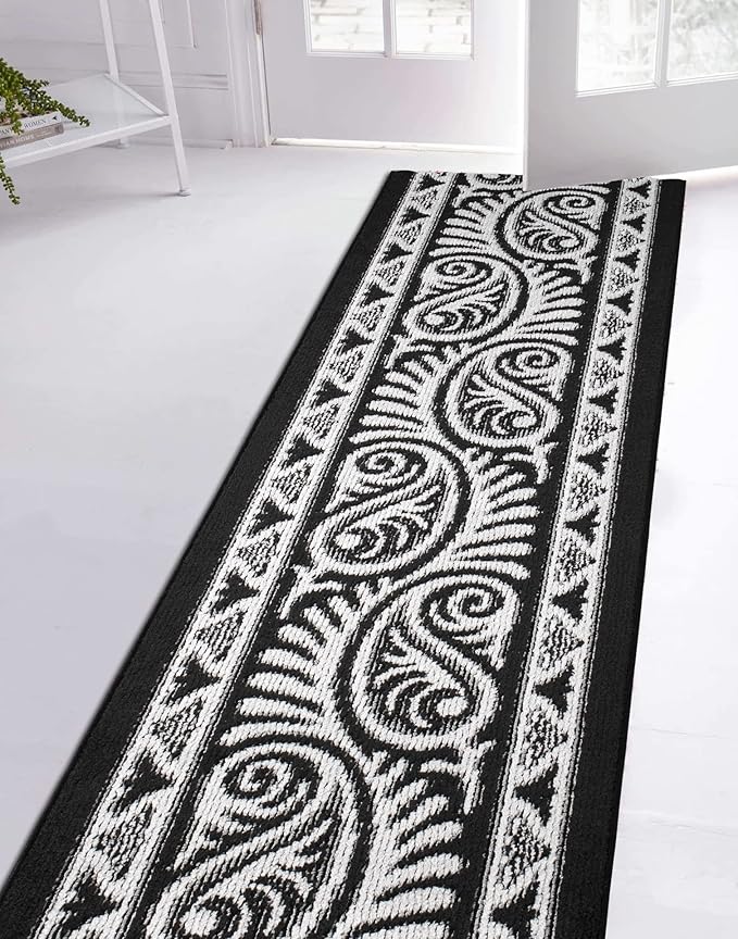 Custom Length Cut to Size Tribal Ethnic Southwestern Inspired Hallway Runner Rug, Non Slip Rubber Backed, 31 inch Wide X Customized Length, Mayan Black, 31 inch X 13 feet