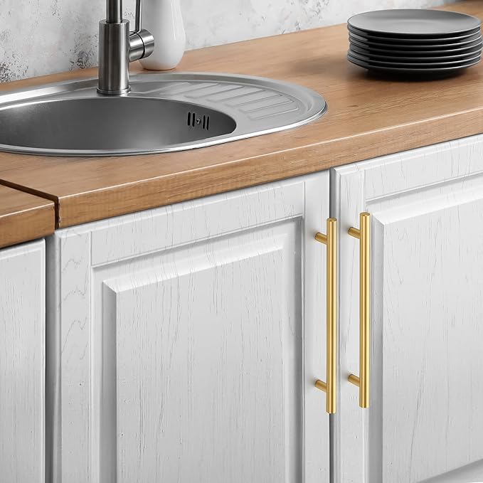 JOY DECOR 15 Pack Cabinet Handles, Gold Cabinet Pulls, 7-1/2 in Hole Center Kitchen Cabinet Handles, Stainless Steel T Bar Handles for Dresser Drawers