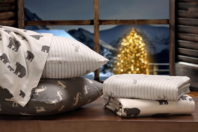 Eddie Bauer - Sheets, Cotton Flannel Bedding Set, Brushed for Extra Softness, Cozy Home Decor (Beacon Hill Ivory, King)