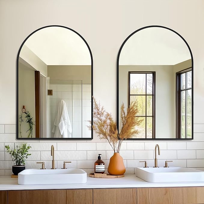 FICTOR Bathroom Mirror for Wall,2 Pack 24”x36” Arched Vanity Bathroom Mirror for Over Sink, Metal Framed with HD Shatter-Proof Glass for Entryway, Living Room,Bedroom(Black)