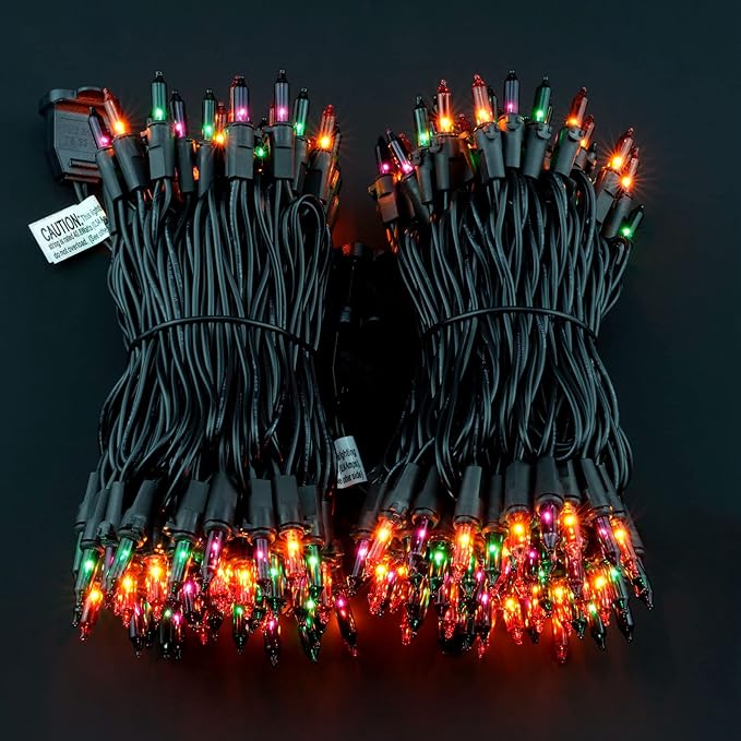 YULETIME 200 Orange Green & Purple Halloween Lights with Black Wire, Pack of 2 Sets 33 ft 100 Count UL Certified Christmas String Lights (Orange, Green & Purple)