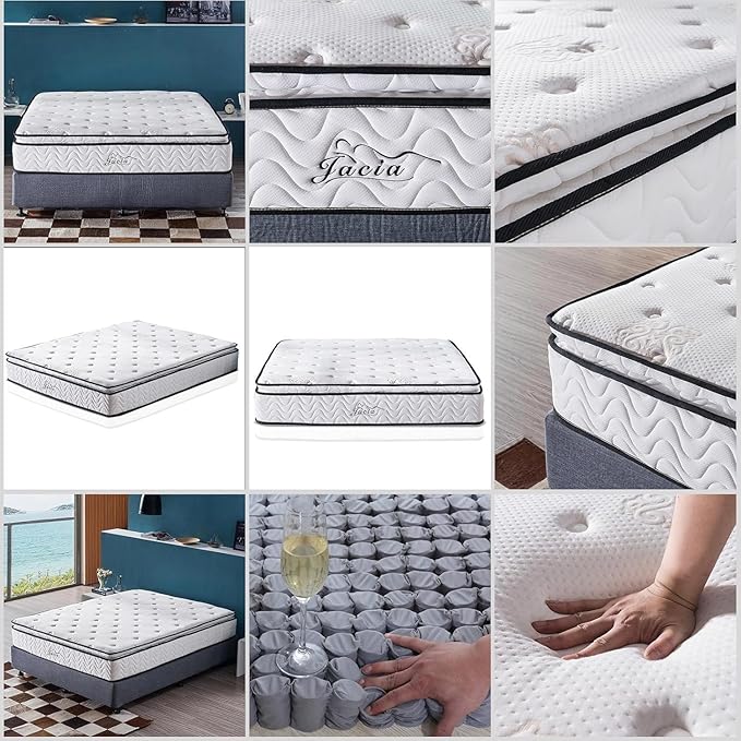 Queen Mattress 11.4 Inch Pillow Top Pocket Spring Hybrid Mattress, Memory Foam Innerspring Firm Bed in a Bag