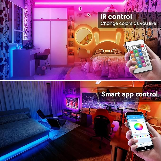 TJOY 50ft Bluetooth LED Strip Lights, SMD5050 Music Sync Tape Lighting, RGB Color Changing Rope Lighting with Remote,Smart APP Control, LED Lights for Bedroom,TV,Room DIY (APP+Remote +Mic/50ftx1)