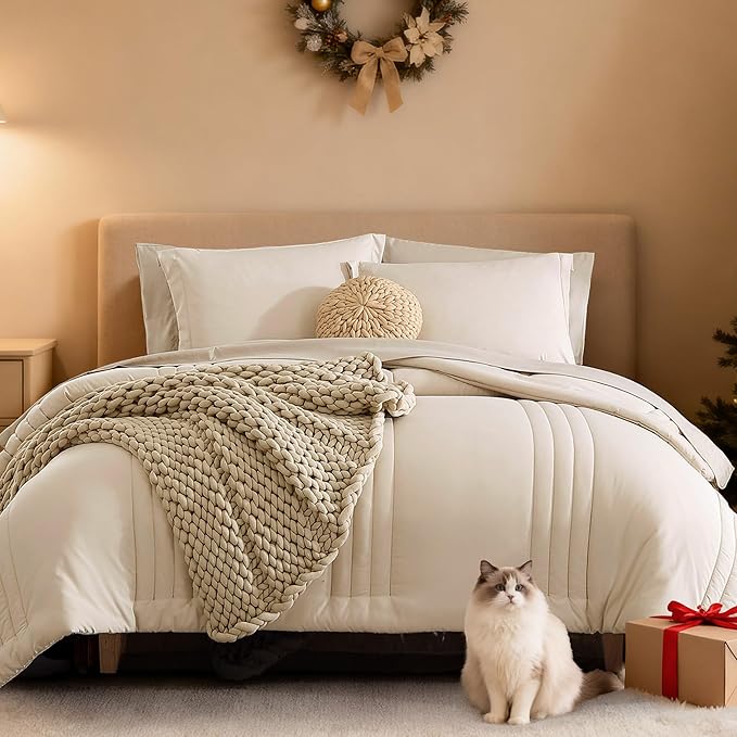 Monbix Queen Comforter Set - 7 Pieces Beige Bed in a Bag Queen Bedding Sets with Comforters, All Seasons Comforter Bed Set with Sheets,Pillowcases & Shams
