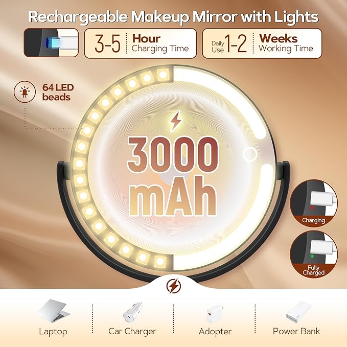 B Beauty Planet Makeup Mirror with Lights, Lighted Magnifying Mirror 30X with 3 Lighting and Adjustable Brightness, 2-Sided Height Adjustable Vanity Mirror for Bathroom, Gifts for Women Black