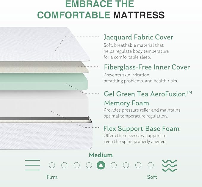 Twin XL Mattress in a Box, 10 inch Mattresses Made in USA for Kids Bed Single Size Daybed Individual Bunk, Green Tea Memory Foam Mattress for Cool Sleep & Pressure Relief, Medium Firm