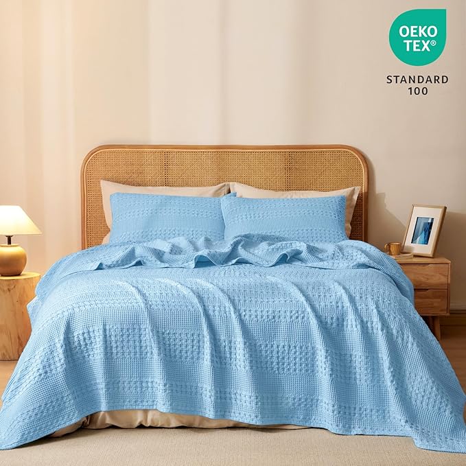 PHF 100% Cotton Waffle Weave Blanket King Size for Bed, Soft Lightweight & Breathable, All-Season Comfort, Luxury Aesthetic Woven Bedding for Home Decor, 108"x90", Sky Blue