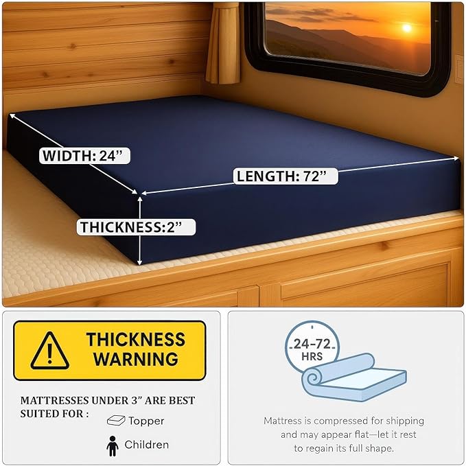 Foamma 2" x 24" x 72" Water Resistant Gel Memory Foam RV Bunk Mattress, Firm High Density Foam Base, Comfortable and Durable Polyester Cover, Truck, Camper, Travel Trailer, Made in USA!