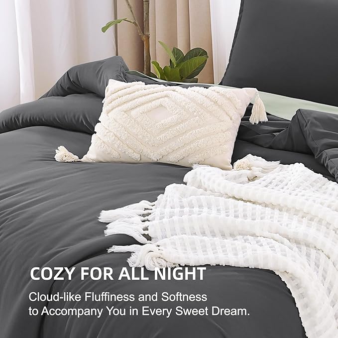 Litanika Dark Grey Comforters Oversized Queen Size, 3 Pieces Lightweight Solid Bedding Comforter Set, All Season Fluffy Bed Set (98x98In Comforter & 2 Pillowcases)
