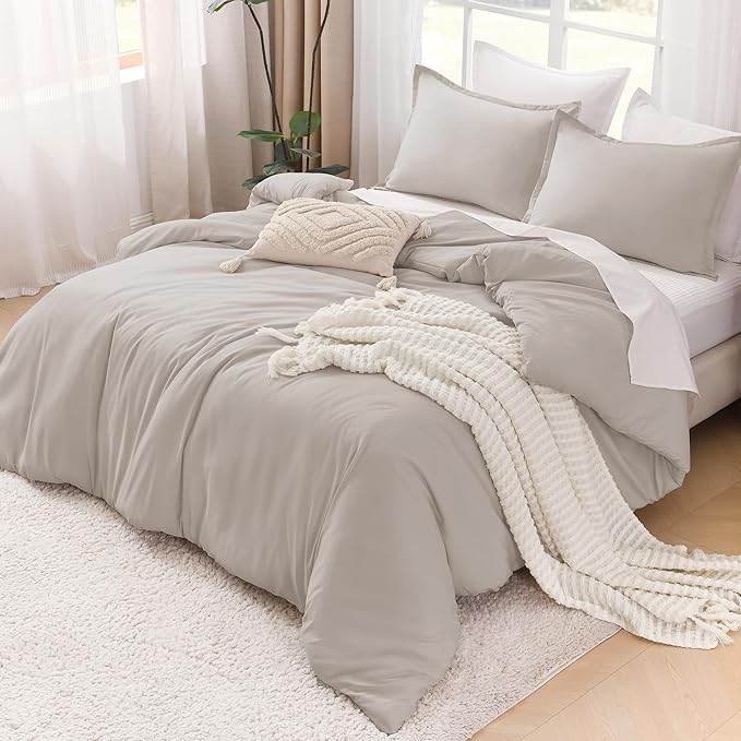 Litanika Linen Grey Comforter Set Full Size, 3 Pieces Lightweight Solid Bedding Comforter Set, All Season Fluffy Bed Set (79x90In Comforter & 2 Pillowcases)