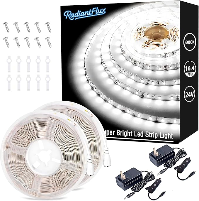 RadiantFlux LED Strip Lights,2 Set of 16.4ft 24V LED Lights,White LED Strip Lights,Super Bright LED 6000K,Light for Bedroom,Luces Led para Cuarto,Strips Lights for Livingroom