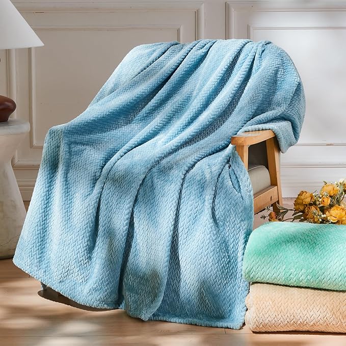 NEWCOSPLAY Super Soft Queen Blanket Light Blue Premium Silky Flannel Fleece Leaves Pattern Lightweight Bed Blanket All Season Use (Light Blue, Queen(90"x90"))
