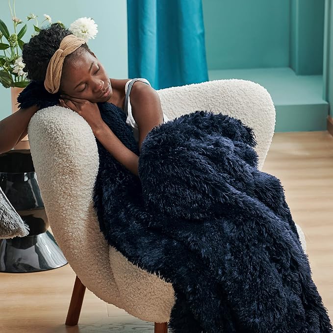 Bedsure GentleSoft Fluffy Navy Blue Blankets Queen Size for Bed, Thick Sherpa Fleece Faux Fur Fuzzy Plush Winter Warm Soft Full Queen Blankets, Bedroom Decor Blue Gifts for Women Men, 90x90