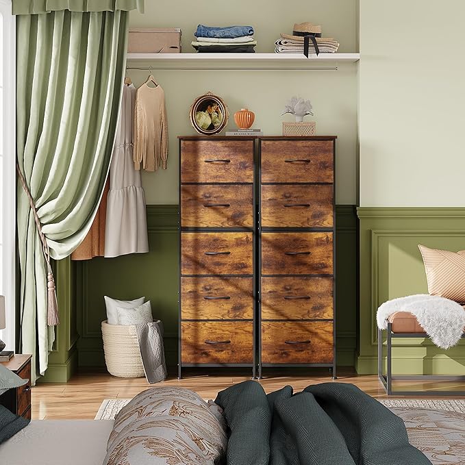 WLIVE Fabric Dresser, 5-Drawer Tall Dresser for Bedroom, Storage Organizer with Fabric Bins, Wood Top, Sturdy Steel Frame, Chest of Drawers for Closet, Hallway, Rustic Brown Wood Grain Print