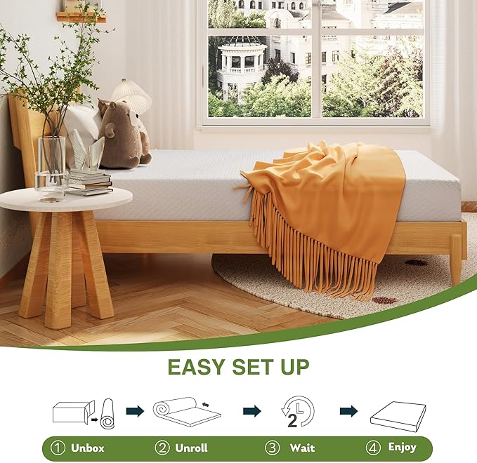 EGOHOME 6 Inch Twin Mattress for Kids, Memory Foam Mattress with Cooling Green Tea Gel, Relieve Pressure with Medium Firm Support, CertiPUR-US Certified, 75''L x 38''W, White
