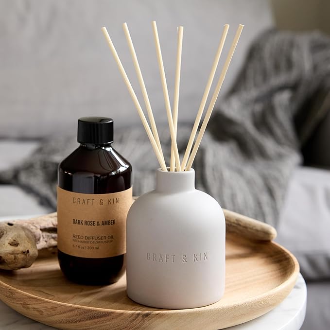 Craft & Kin Christmas Reed Diffuser for Home & Bathroom – Rose & Oud Holiday Reed Diffuser Set with Fragrance Sticks, Long-Lasting Alcohol-Free Scent, Earthenware Collection, 6.7oz