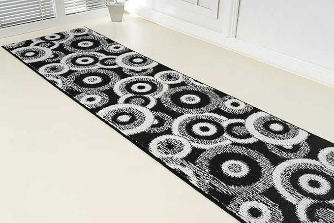 Custom Length Cut to Size Modern Farmhouse Carpet Runner Rug for Hallways, Non Slip Rubber Backed, 31 inch Wide X Customized Length, Geo Black, 31 inch X 12 feet