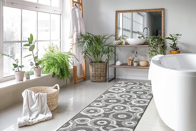 Custom Length Cut to Size Retro Modern Geometric Carpet Runner Rug for Hallways, Non Slip Rubber Backed, 31 inch Wide X Customized Length, Geo Grey, 31 inch X 18 feet