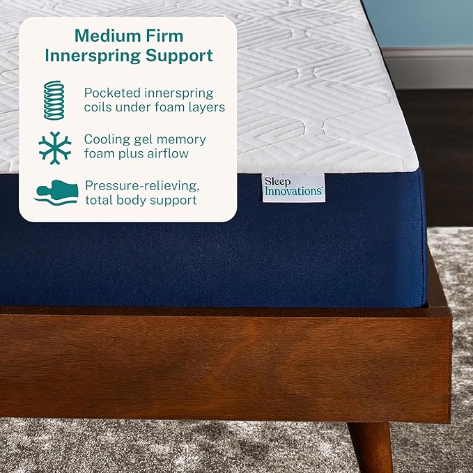 Sleep Innovations Marley Hybrid 10 Inch Cooling Gel Memory Foam and Innerspring Coil Mattress, Full Size, Bed in a Box, Medium Firm Advanced Support