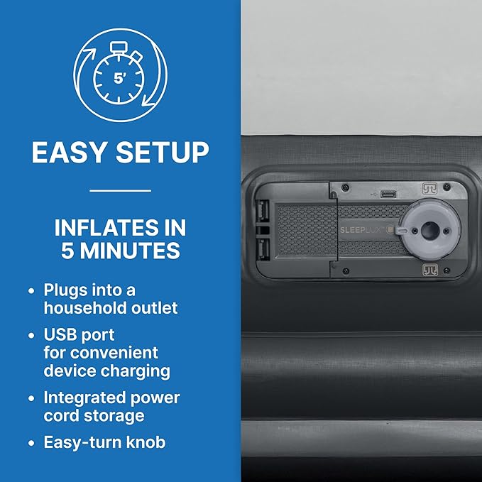 SLEEPLUX Durable Inflatable Air Mattress with Built-in Pump, Pillow and USB Charger, 22" Tall Queen