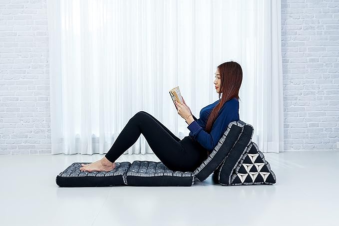 Leewadee Comfortable Japanese Floor Mattress - Thai Floor Bed with Triangle Cushion - Futon Mattress - XL Extra Long Thai Massage Mat, 89 x 20 inches, Black, Kapok Filling