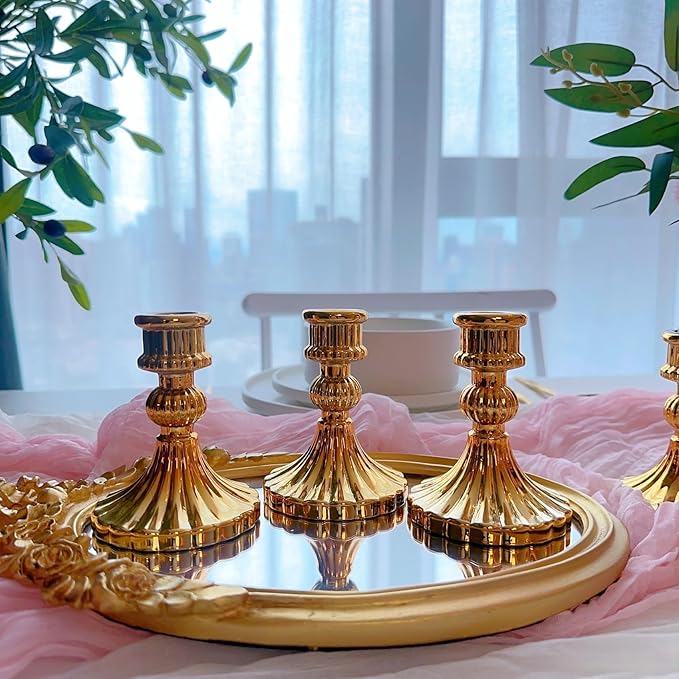 Glass Candlestick Holder,Striped Taper Candle Holders,Set of 6 Candle Stand for Table Centerpieces, Home Decor,Weddings,Festival and Parties (Gold Stripe)