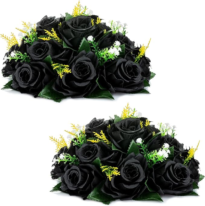 NUPTIO Black Artificial Roses Flowers: Fake Flower Bouquet Halloween Decorations - 15 Heads Artificial Rose Centerpieces with Base for Gothic Wedding Party Table Decor 2 Pcs