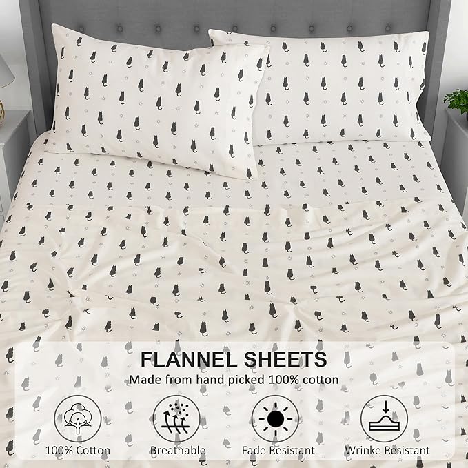 RUVANTI Flannel Sheets King Size - 100% Cotton Brushed King Size Sheets Set - Deep Pockets 16 Inches Bed Sheets - All Seasons Breathable & Extra Soft - Warm & Cozy, 4 Piece, Black Cat