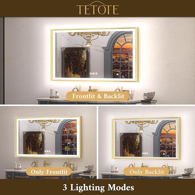 TETOTE Gold LED Mirror for Bathroom 24x32 Metal Frame Frontlit & Backlit Lighted Vanity Mirror Baroque Anti Fog Stepless Dimmable White/Warm/Natural,CRI90+,Wall Mounted(Horizontal/Vertical)