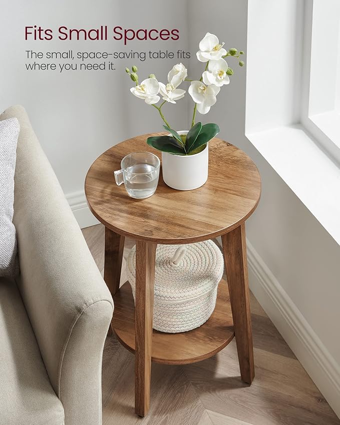 VASAGLE MAEZO Collection - Side Table, 2-Tier Small Round End Table, Nightstand with Tapered Legs, Curved Transitions, for Small Spaces, Living Room, Bedroom, Rustic Walnut ULET283T41