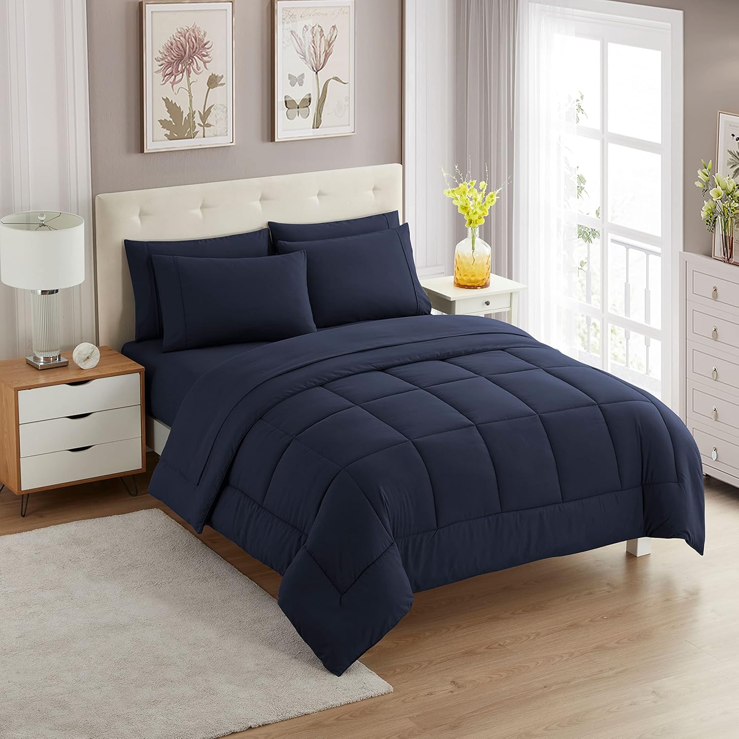 Sweet Home Collection 5 Piece Comforter Set Bag Solid Color All Season Soft Down Alternative Blanket & Luxurious Microfiber Bed Sheets, Navy, Twin (Pack of 4)