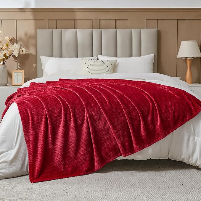 NEWCOSPLAY Super Soft Twin Blanket Red Premium Silky Flannel Fleece Leaves Pattern Lightweight Bed Blanket All Season Use (Red, Twin(60"x80"))