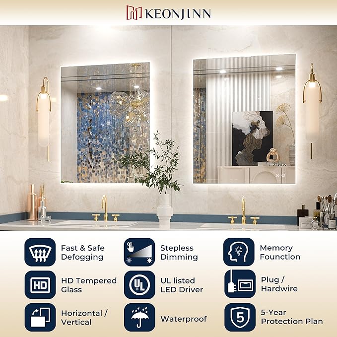 Keonjinn 60 x 28 Inch LED Bathroom Mirror with Lights Backlit Vanity Mirror Anti-Fog Lighted Bathroom Mirror Large Wall Mounted Dimmable Makeup Mirror with Memory Function(Horizontal/Vertical)