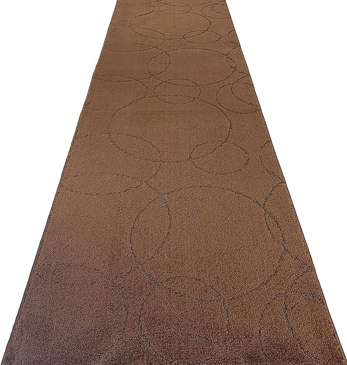 Custom Size Modern Geometric Pattern Carpet Runner Rug for Hallways, Slip Resistant Latex Rubber Backed, 31 inch Wide X Customized Length, Circles Brown, 31 inch X 19 feet