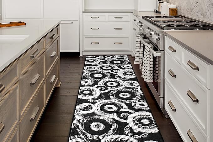 Custom Length Cut to Size Modern Farmhouse Carpet Runner Rug for Hallways, Non Slip Rubber Backed, 31 inch Wide X Customized Length, Geo Black, 31 inch X 19 feet