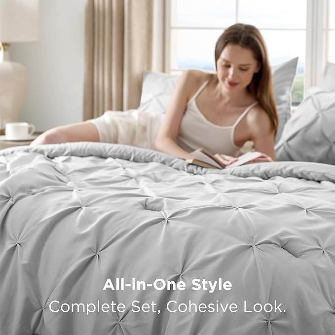Bedsure Queen Comforter Set Light Grey - Bed in a Bag Queen Size Bedding 7 Pieces, GentleSoft™ Pintuck Bed Set Gift for Family, Pinch Pleat All Season Comforter with Sheets, Pillowcases & Shams
