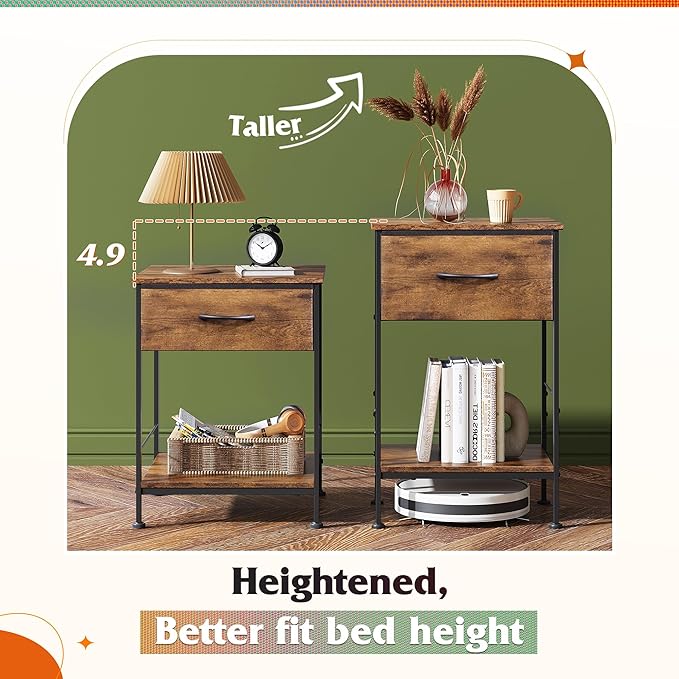 WLIVE Nightstand Set of 2, End Table with Fabric Storage Drawer and Open Wood Shelf, Bedside Furniture with Steel Frame, Side Table for Bedroom, Dorm, Rustic Brown Wood Grain Print, 25.03" Height