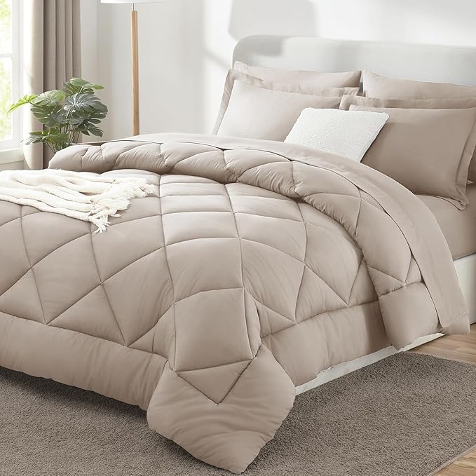 CozyLux Full Size Comforter Sets Linen - 7 Pieces Bed in a Bag Full, Luxury Soft Bed Set for All Seasons, Bedding Set with Down Alternative Comforter, Sheets, Pillowcases & Shams