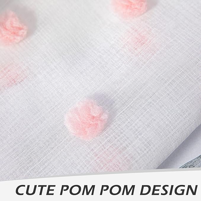 MYSKY HOME Short Curtains for Kitchen Windows Pink Pom Pom Curtains for Bedroom Light Filtering White Sheer Curtains for Nursery Cafe Bathroom Privacy Rod Pocket Bohemian Voile 38 x 45 inch 2 Panels