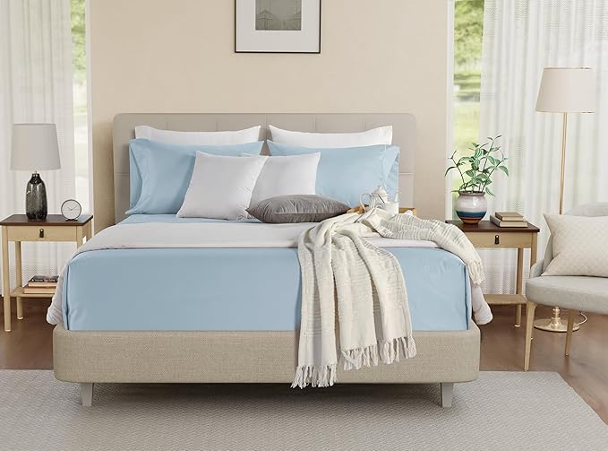 100% Egyptian Cotton Sheets King Size, 800 Thread Count 4 Piece Breathable Bed Sheet Set, 15" Deep Pocket King Sheets Cotton, Solid Sateen Weave Luxury Hotel Collection, No Pill & Shrink- Light Blue