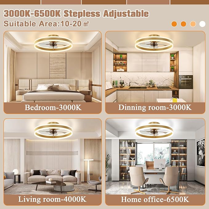 VOLISUN Low Profile Ceiling Fans with Lights and Remote, 19.7in Flush Mount Ceiling Fans with Light, 3000K-6500K Dimmable Fandelier LED Fan Light, Gold Bladeless Ceiling Fans with Lights for Bedroom